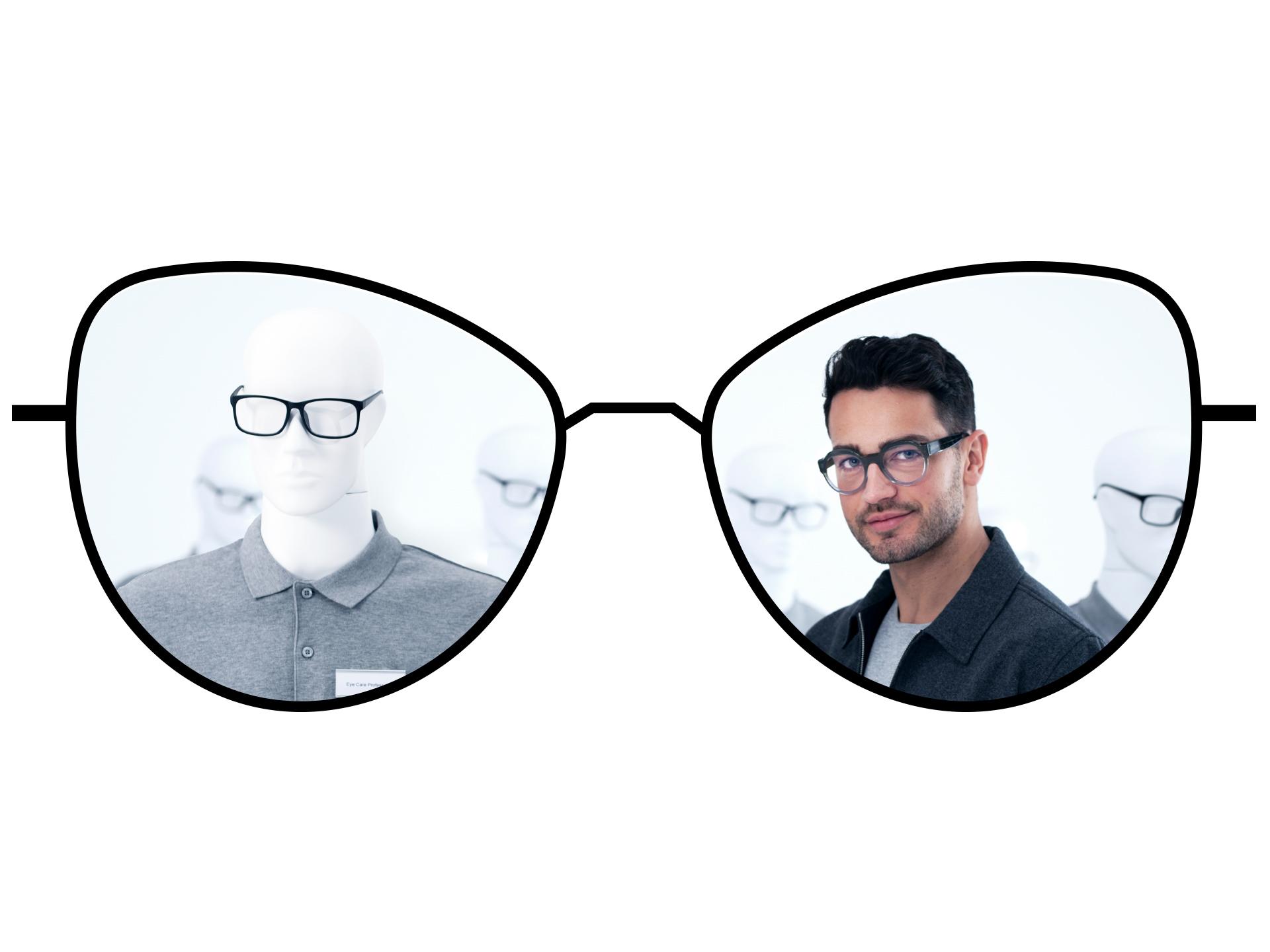 Ilustração de óculos que mostra as zonas desfocadas das lentes monofocais tradicionais em comparação com as amplas zonas nítidas das lentes monofocais ZEISS ClearView