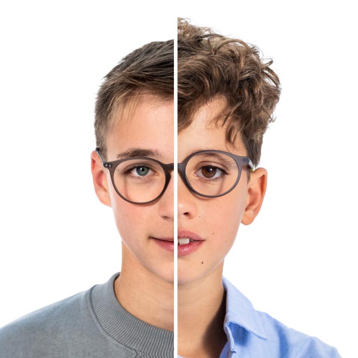 Metade do rosto de um adolescente ao lado da metade do rosto de um menino, passando para o retrato completo do menino com o rosto e a armação digitalizada